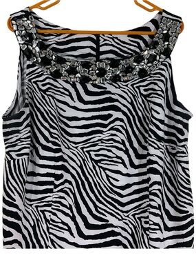 Connected Woman Size 18W Zebra Print Embellished Sleeveless Dress Black White